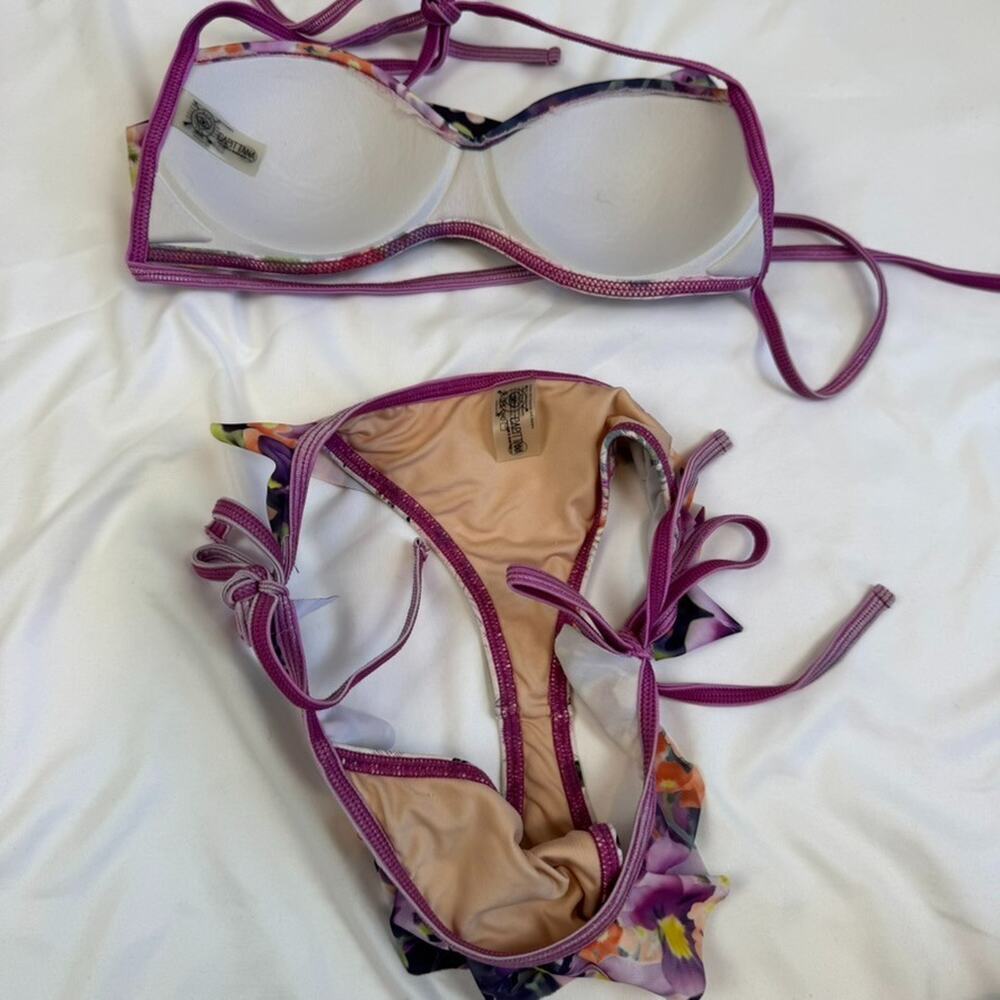 Free People Capittana Ruffle S Two Piece Bikini Set Purple Floral Molded Cups - Picture 2 of 5